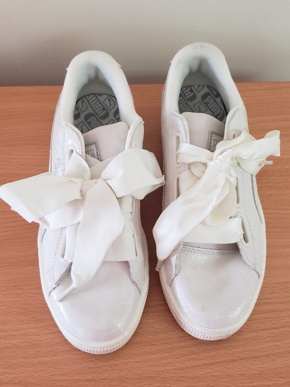 Puma Women's Basket Heart Sneakers, Shimmer Iridescent Off-White, Size 7.5